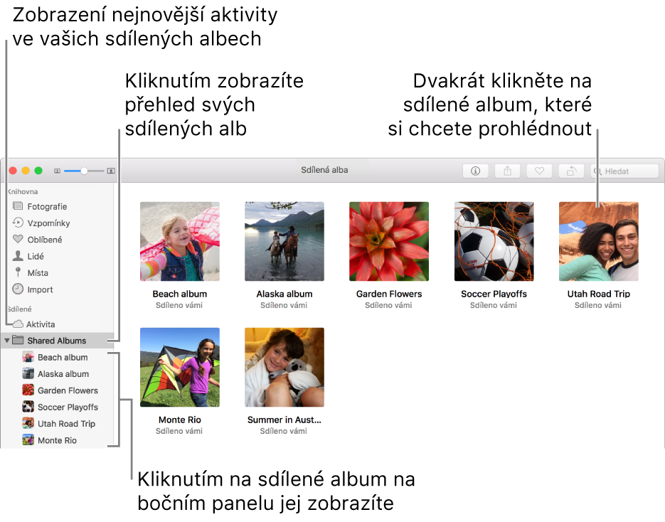 Panel Sdílená alba v okně Fotek se zobrazenými sdílenými alby