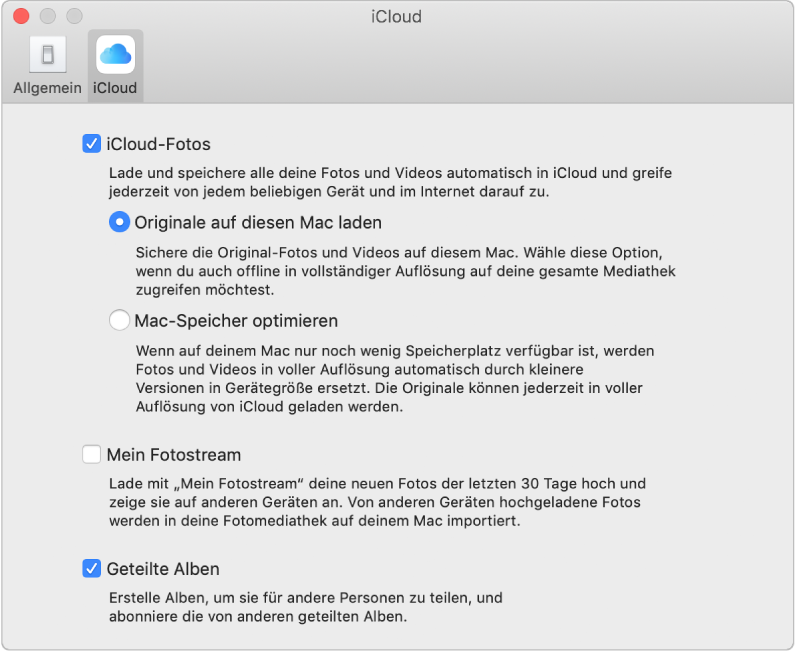 Bereich „iCloud“ der Einstellungen für die App „Fotos“.