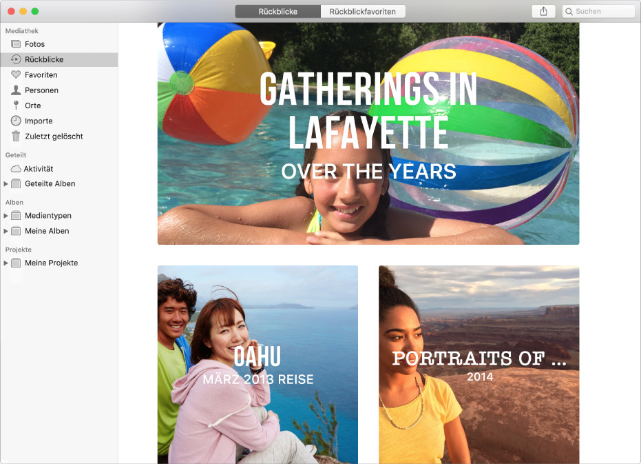 Das Fenster „Fotos“ mit der in der Seitenleiste ausgewählten Option „Rückblicke“ und mehreren im Fenster angezeigten Rückblicken.