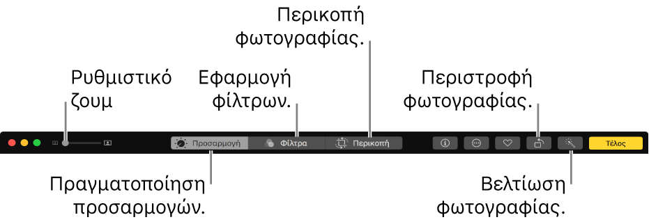 Η γραμμή εργαλείων Επεξεργασίας στην οποία εμφανίζονται κουμπιά για πραγματοποίηση προσαρμογών, προσθήκη φίλτρων και περικοπή φωτογραφιών.