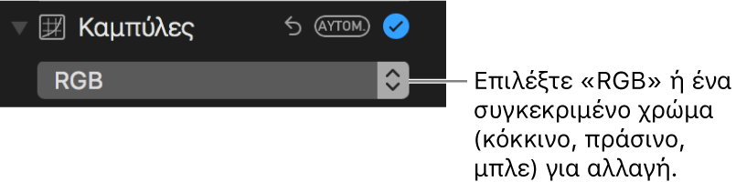 Τα χειριστήρια Καμπυλών που δείχνουν επιλεγμένο το «RGB» στο αναδυόμενο μενού.