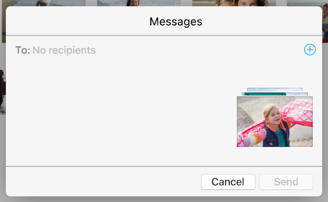 A dialogue for adding recipients when sharing photos from the Photos app using Messages.