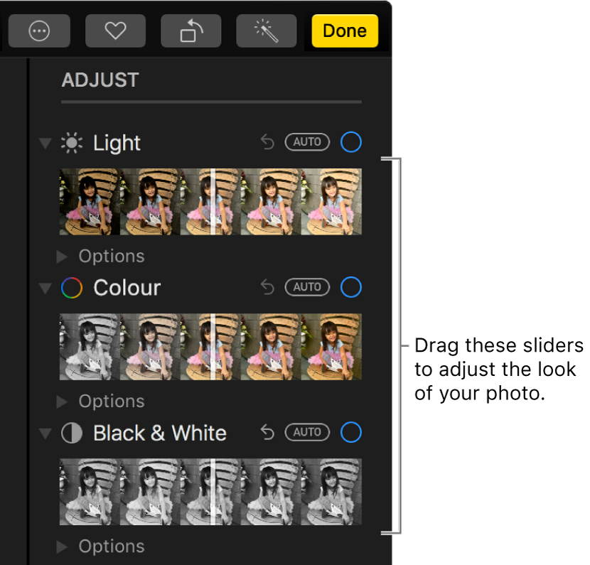 The Light, Colour, and Black & White sliders in the Adjust pane. An Auto button appears above each slider.