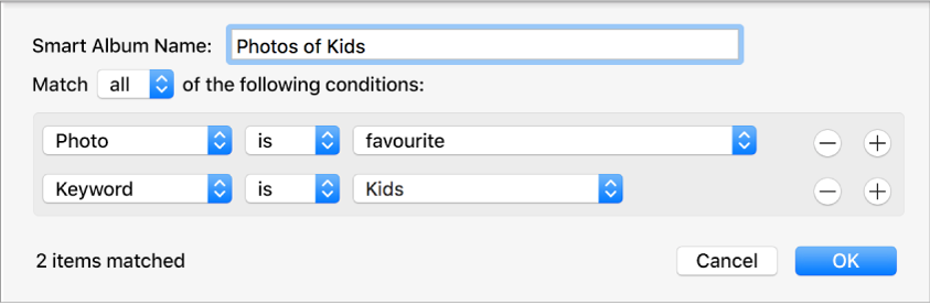 A dialogue showing criteria for a Smart Album.