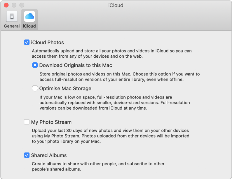 The iCloud pane of Photos preferences.