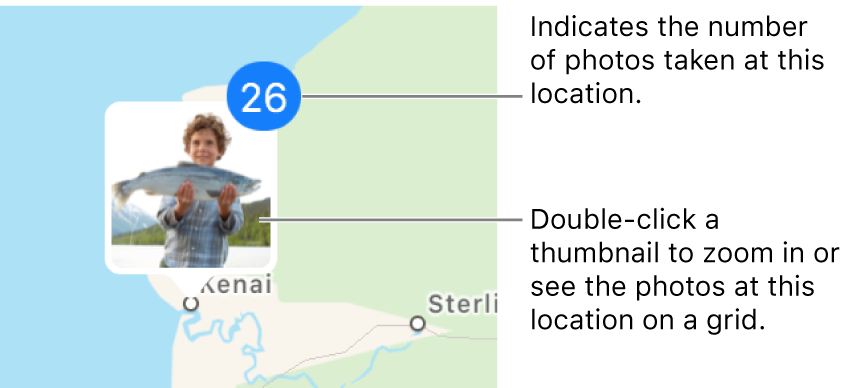 Thumbnails of photos located on a map.
