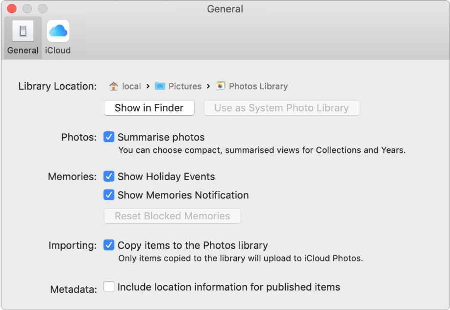 The General pane of Photos preferences.