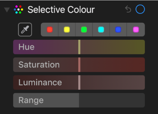 The Selective Colour controls showing the Hue, Saturation, Luminance and Range sliders.