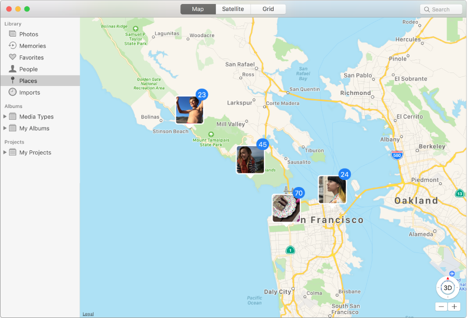 Photos window showing a map with photo thumbnails grouped by location.