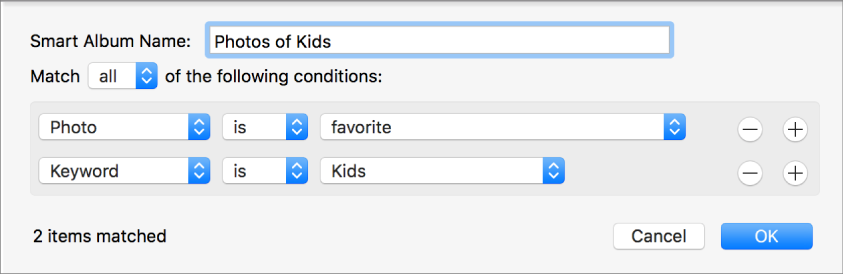 A dialog showing criteria for a Smart Album.