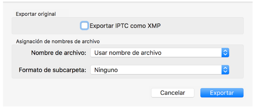 Un diálogo que muestra opciones para exportar archivos de fotos en su formato original.