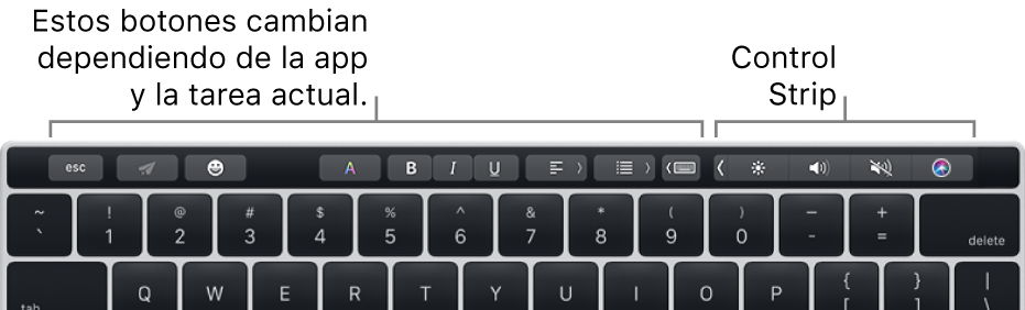 Touch Bar con botones en la izquierda que varían según la app o la tarea y, en la derecha, la Control Strip contraída.