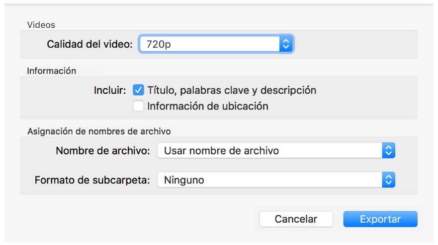 Un diálogo que muestra opciones para exportar videos.