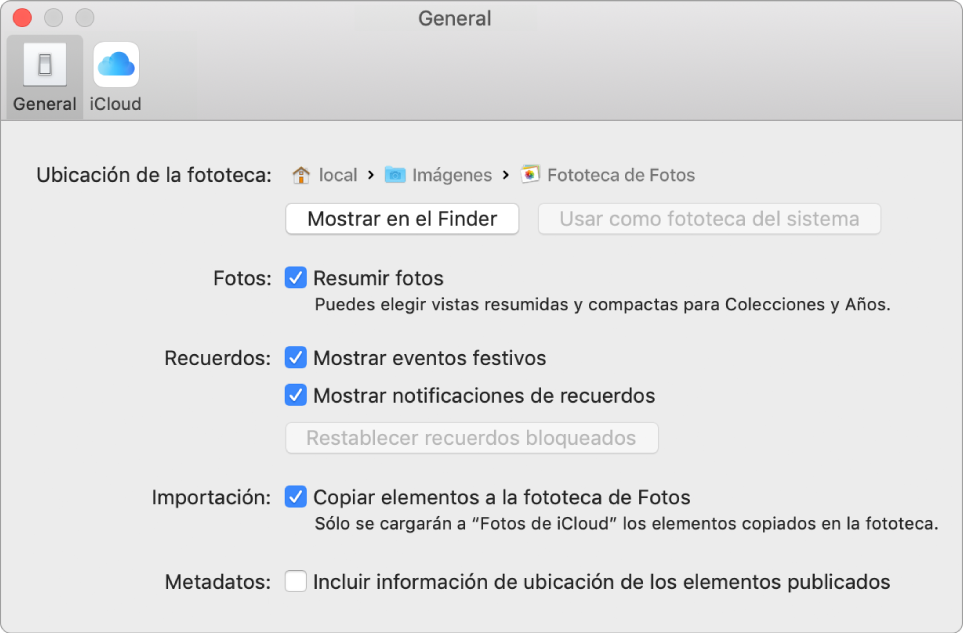 El panel General de las preferencias de Fotos.