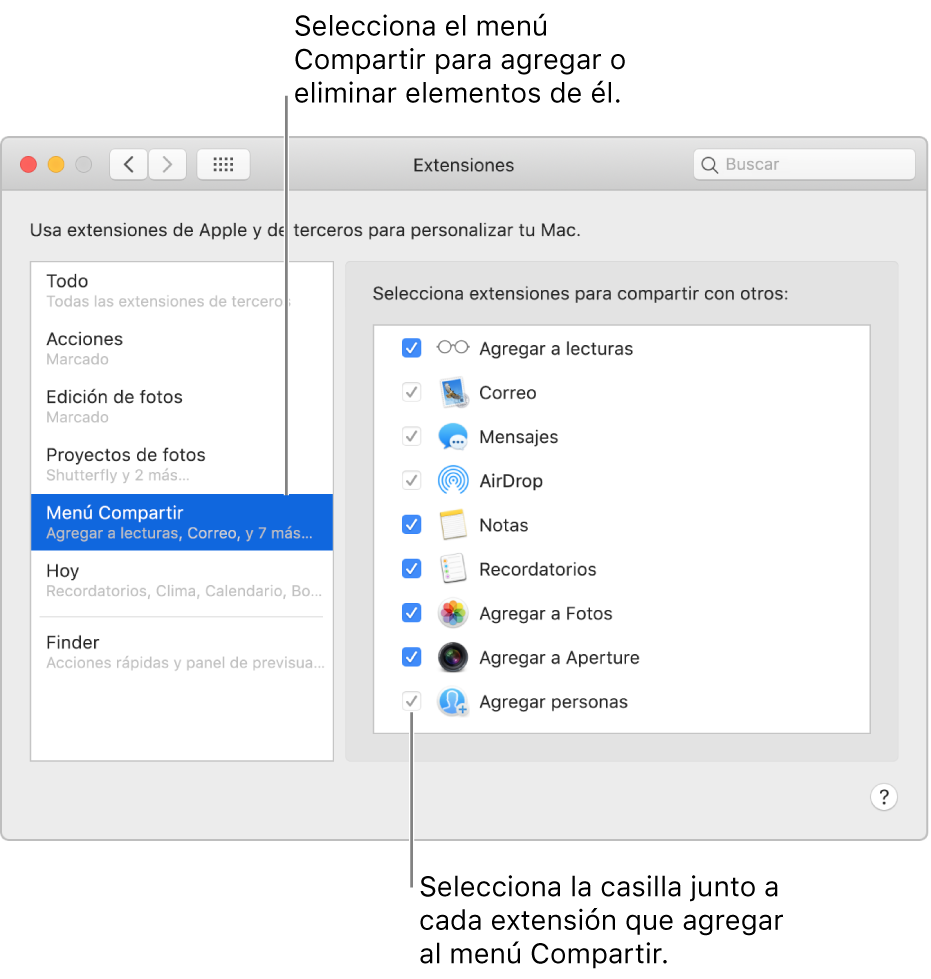 El panel Extensiones de Preferencias del Sistema mostrando el menú Compartir seleccionado y una lista de extensiones de terceros a la derecha.