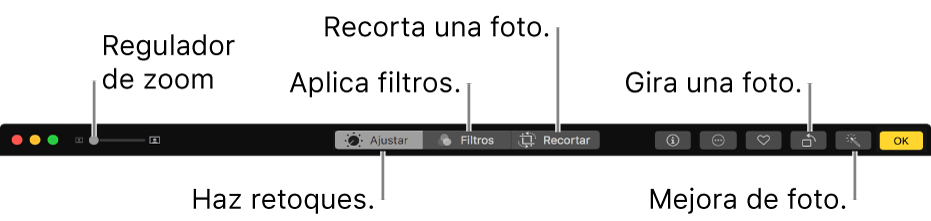 La barra de herramientas de edición mostrando botones para realizar ajustes, agregar filtros y recortar fotos.