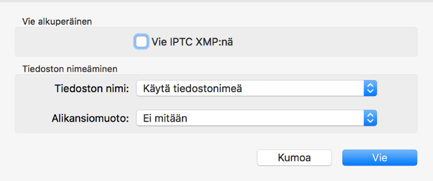 Valintaikkuna, jossa näkyy valintoja kuvatiedostojen viemiseen alkuperäisessä muodossa.