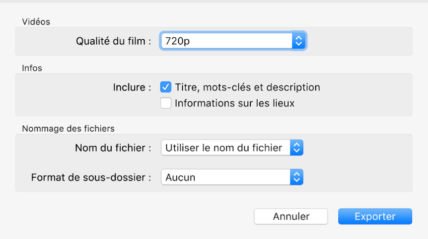 Une zone de dialogue affichant les options d’exportation de vidéos.