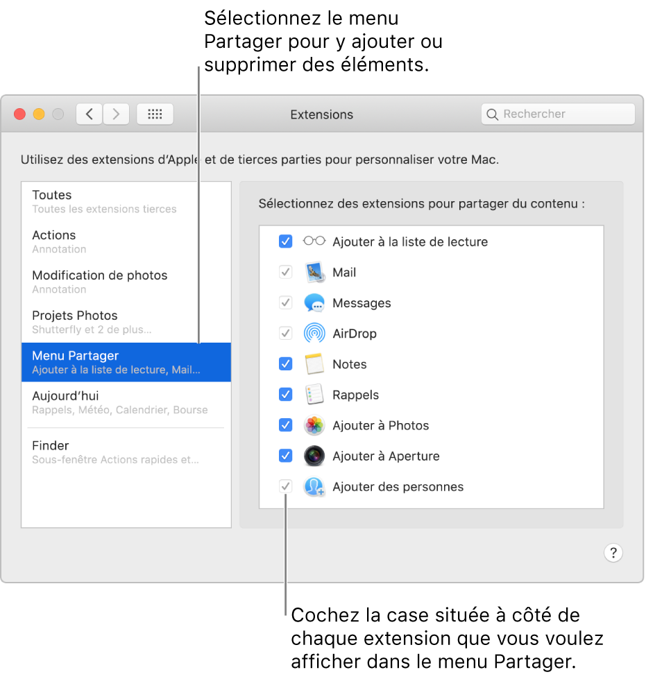La sous-fenêtre Extensions des Préférences système affichant le menu Partager et une liste d’extensions tierces sur la droite.