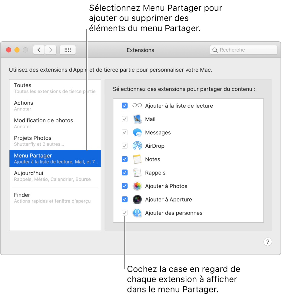 La sous-fenêtre Extensions des Préférences Système présentant l’option Menu partagé sélectionnée et une liste d’extensions tierces sur la droite.