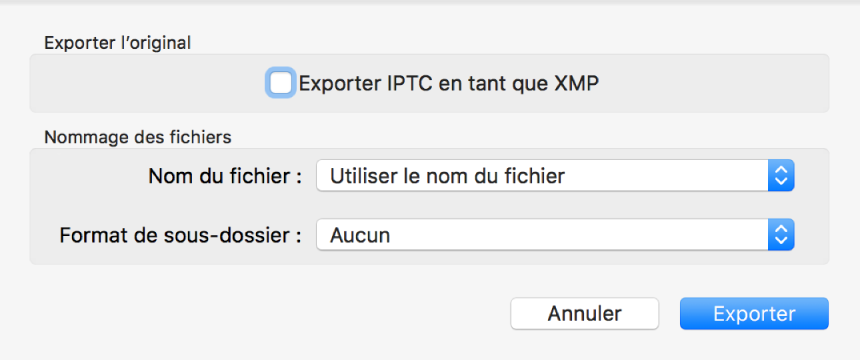 Une zone de dialogue affichant les options d’export de fichiers photo au format d’origine.