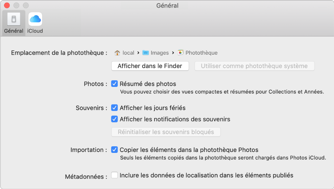 La sous-fenêtre Général des préférences Photos.