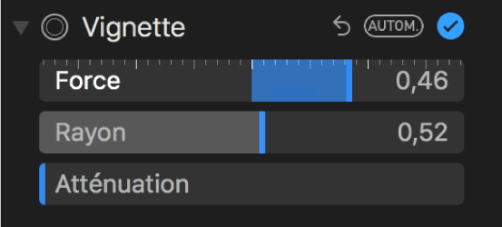 Les commandes d’effet de vignettage dans la sous-fenêtre Ajuster.