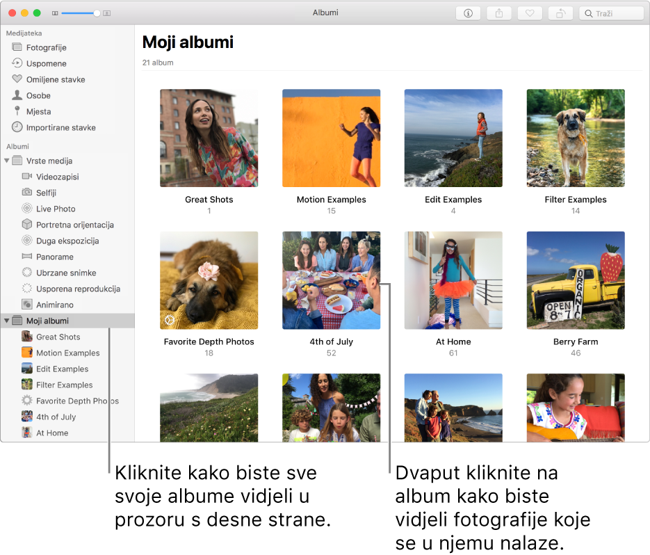 Prozor aplikacije Foto s opcijom Moji albumi odabranom u rubnom stupcu te albumima koje ste izradili prikazanim u prozoru na desnoj strani.