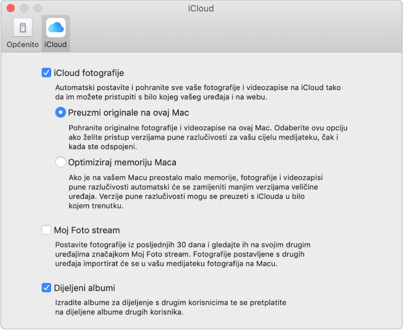 Prozor iCloud za postavke aplikacije Foto.