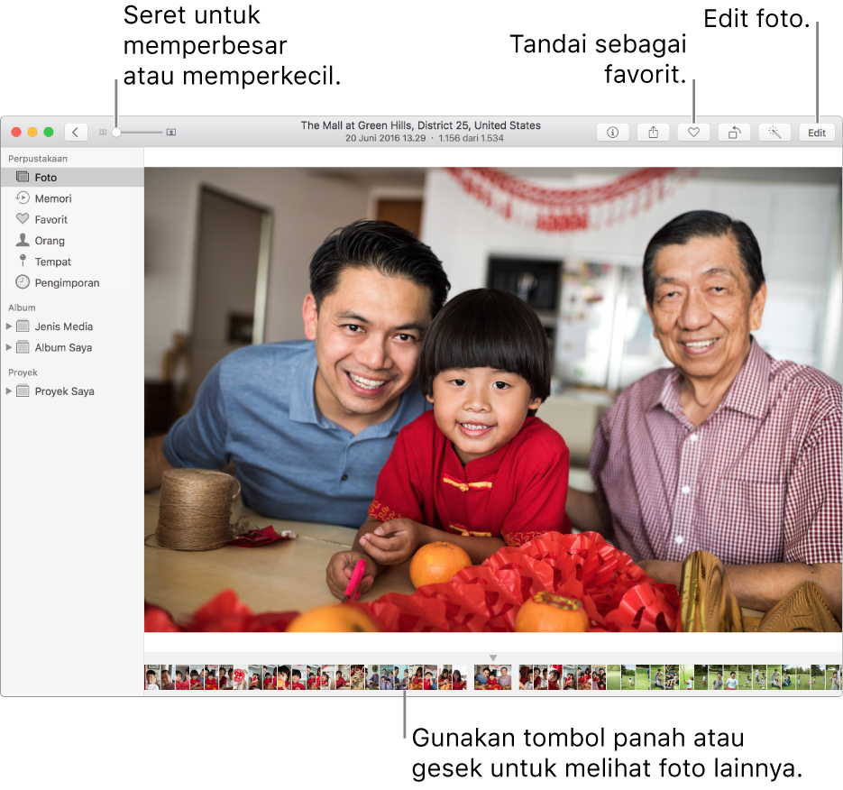 Jendela Foto menampilkan foto yang diperbesar di sebelah kanan dengan baris gambar mini di bawah. Bar alat di bagian menyertakan penggeser Zoom, tombol Favorit, dan tombol Edit.