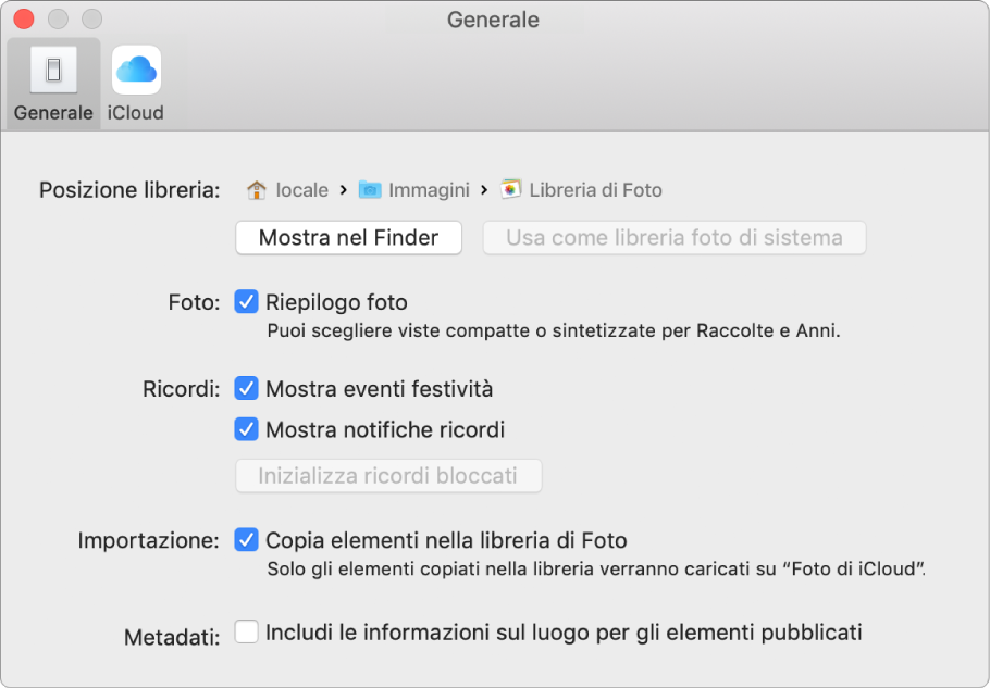 Il pannello Generale delle preferenze di Foto.