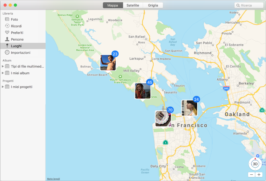 Finestra di Foto che mostra una mappa con le miniature delle foto raggruppate per posizione.