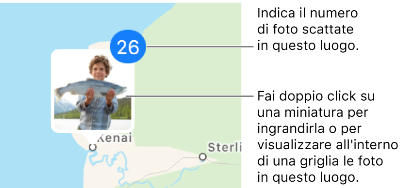 Miniature di foto localizzate su una mappa.