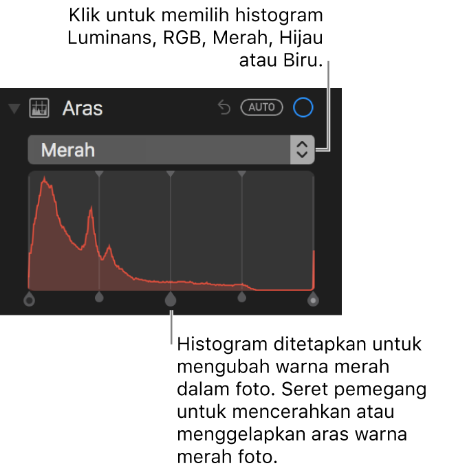 Kawalan aras dan histogram untuk menukar merah dalam foto.