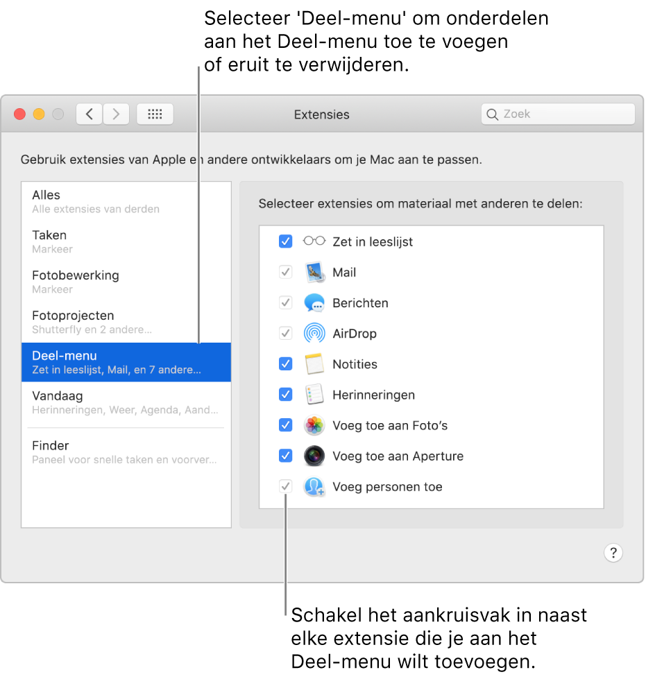 Het paneel 'Extensies' van Systeemvoorkeuren waarin het Deel-menu is geselecteerd. Rechts wordt een lijst met extensies van derden weergegeven.