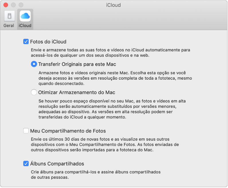 O painel iCloud das preferências do Fotos.