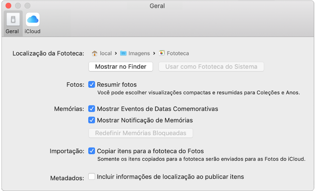 O painel Geral das preferências do Fotos.