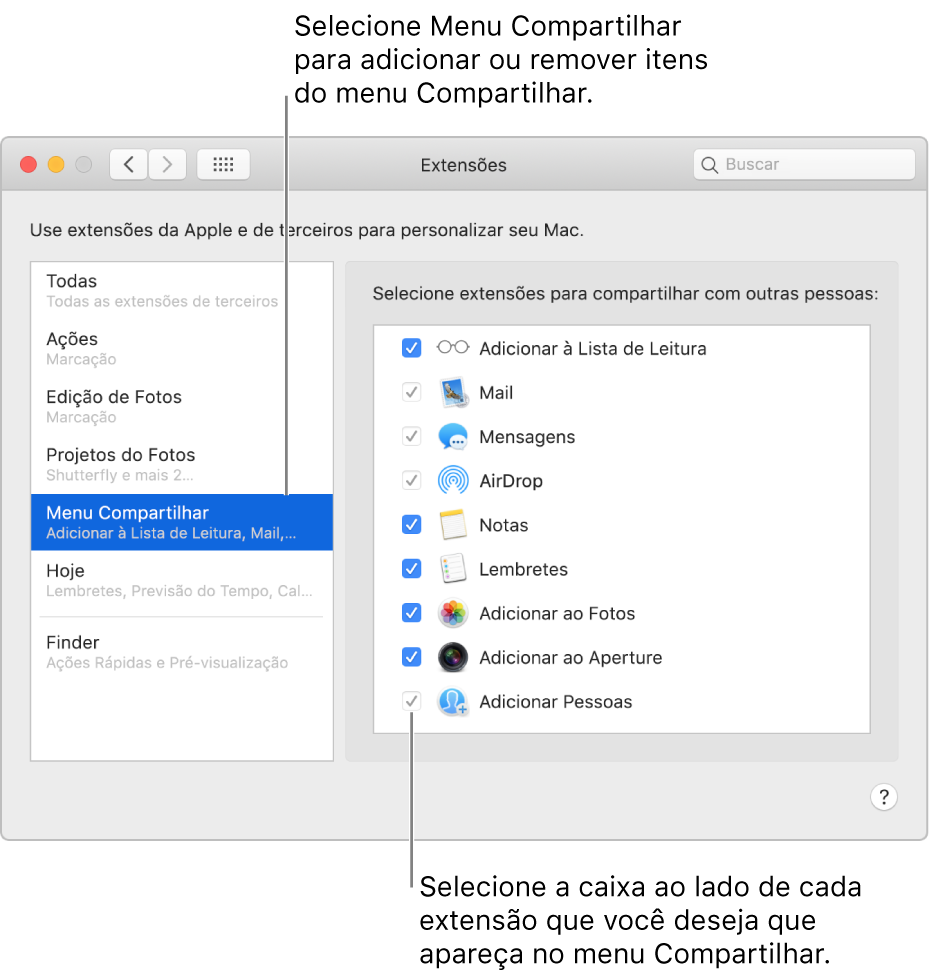 O painel Extensões das Preferências do Sistema, mostrando o menu Compartilhar selecionado e uma lista de extensões de terceiros à direita.