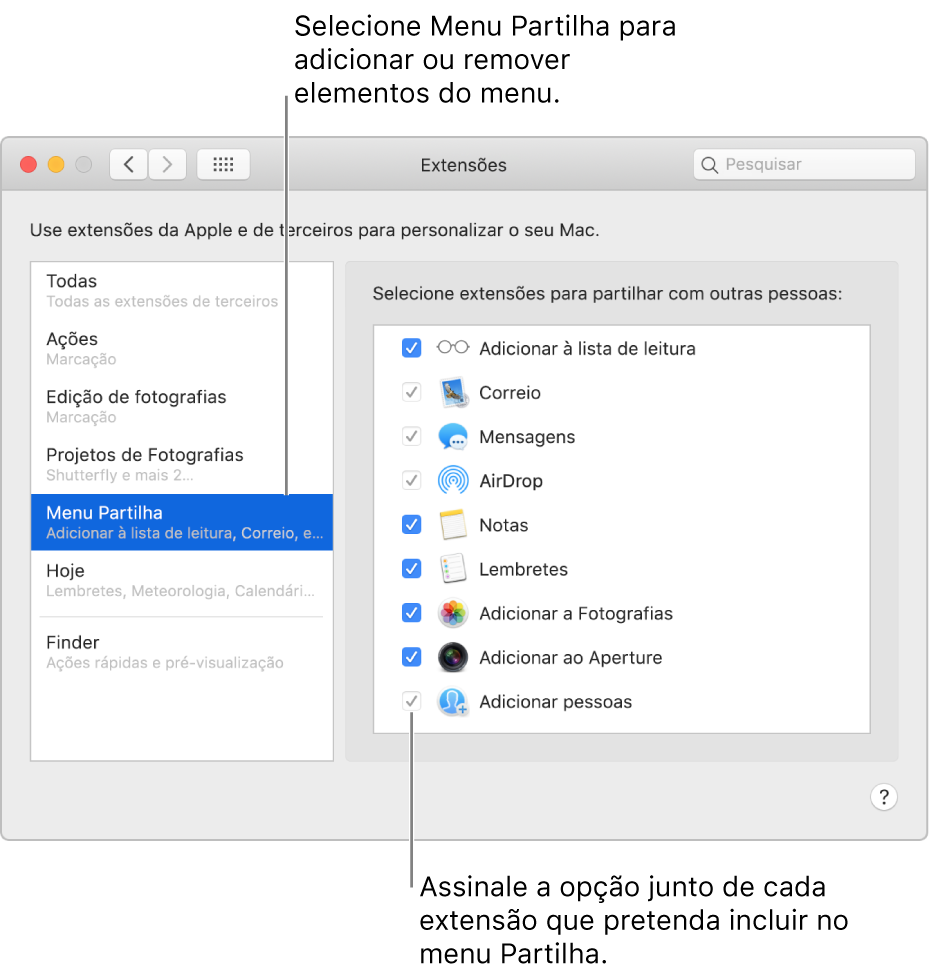 O painel Extensões das Preferências do Sistema, com a opção Menu Partilha selecionada e uma lista de extensões de terceiros à direita.