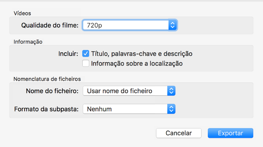 Uma caixa de diálogo a mostrar as opções para exportar vídeos.