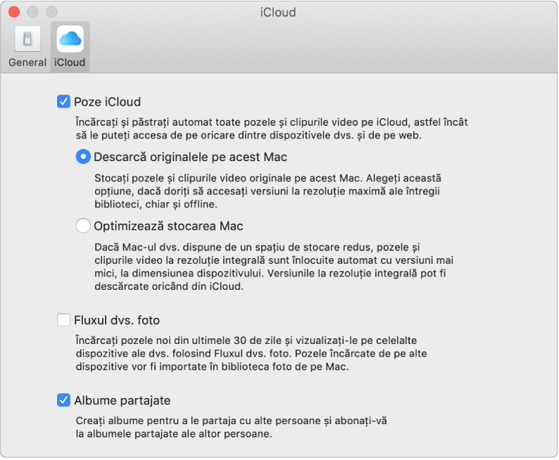 Panoul iCloud din preferințele Poze.