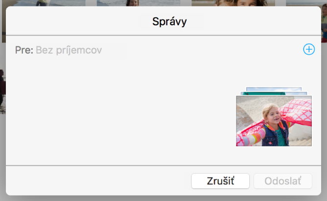 Dialógové okno pre pridávanie príjemcov počas zdieľania fotiek z aplikácie Fotky pomocou Správ.