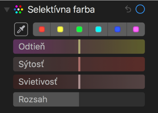 Ovládacie prvky Selektívna Farba zobrazujúce posuvníky Odtieň, Sýtosť, Svietivosť a Rozsah.