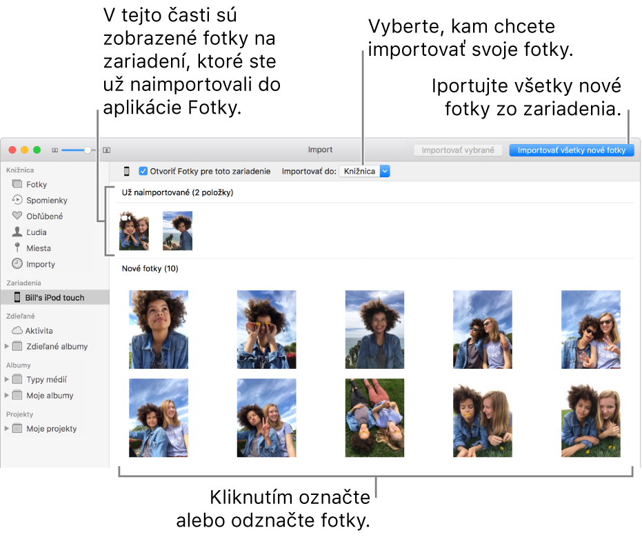Fotky v zariadení, ktoré ste už naimportovali, sa zobrazia v hornej časti panela a nové fotky sú v spodnej časti. V hornej časti v strede je vyskakovacie menu Importovať do. Tlačidlo Importovať všetky nové fotky je v pravom hornom rohu.