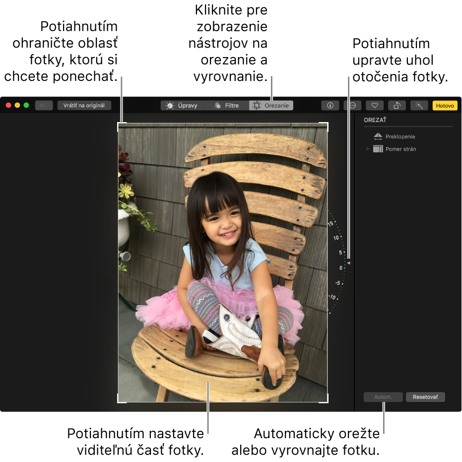 Fotografia v editovacom zobrazení s možnosťou orezania a narovnávania.
