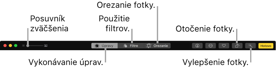 Panel s nástrojom Upraviť znázorňujúci tlačidlá na zobrazovanie úprav, pridanie filtrov a možností orezania.