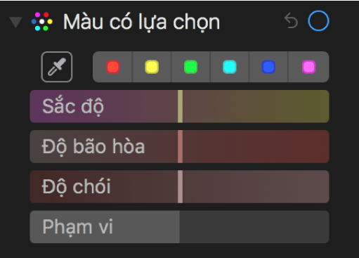 Các điều khiển Màu có lựa chọn đang hiển thị các thanh trượt Sắc độ, Độ bão hòa, Độ chói và Phạm vi.