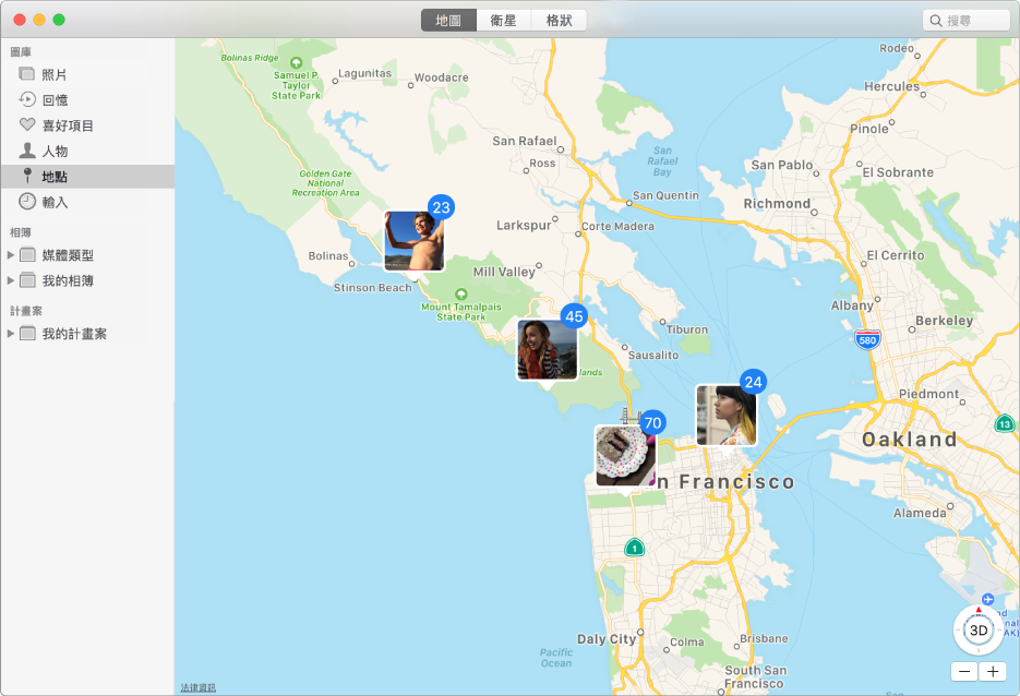 「照片」視窗，其中顯示地圖與按地點群組的照片縮覽圖。
