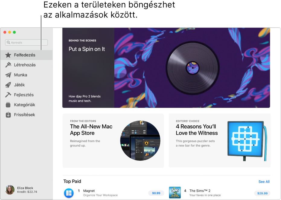 A Mac App Store kezdőlapja A bal oldali oldalsávon más oldalakra mutató hivatkozások láthatók: Felfedezés, Alkotás, Munka, Játék, Fejlesztés, Kategóriák és Frissítések. A jobb oldalon kattintható területek találhatók, többek között: Színfalak mögött, Szerkesztőktől és Szerkesztői ajánlás