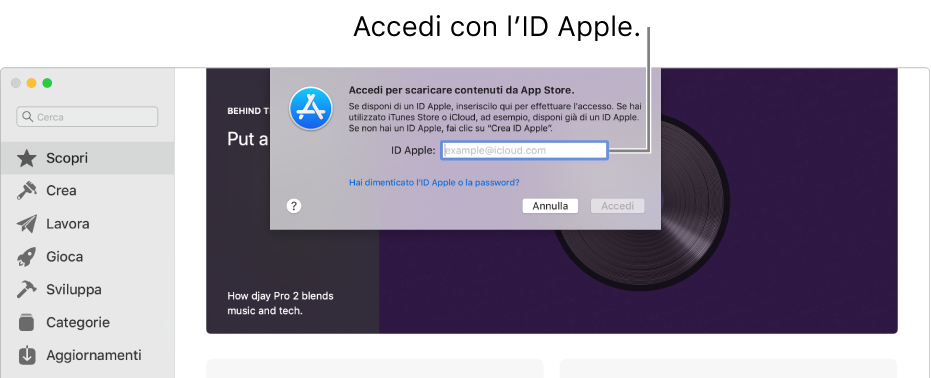 La finestra di accesso dell'ID Apple in App Store.